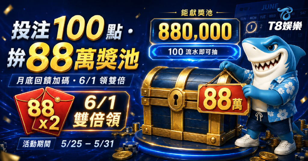 【TU娛樂城優惠】月底加碼!投注 100 點抽 88 萬彩金,儲值再享雙倍回饋!